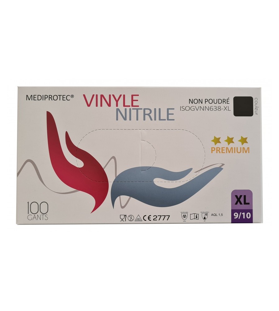 Gants vinyle, latex et nitrile Colisage 100 Taille Small Couleur Extérieure  Noir Matière Vinyle-Nitrile Poudré Non